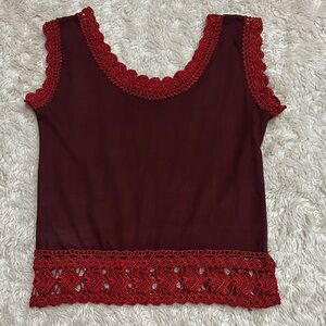 Handmade Crochet Faux Leather Elegant Burgundy Lace Trim Tank Top